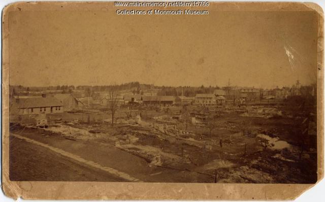 This photo was taken by professional photographer George F. McIntosh of Gardiner, the morning after the fire of April 19, 1888 devastated the entire downtown section of Monmouth, known as "Monmouth Center." No lives were lost.